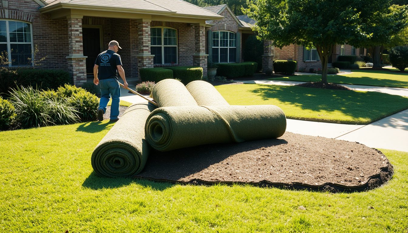 fresh sod rolls laid on a residential lawn in Dallas